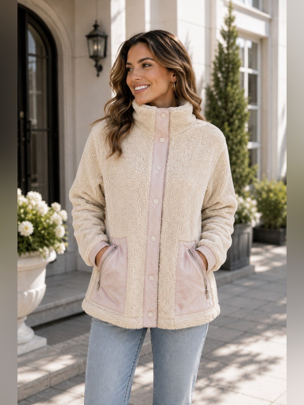 Hype Women's Cream Teddy Sherpa Jacket with Pale Pink Trim NWOT